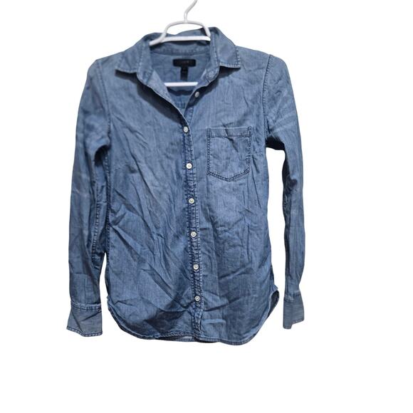 J crew top womens size 0 blue always chambray cotton button down shirt casual - Picture 1 of 8